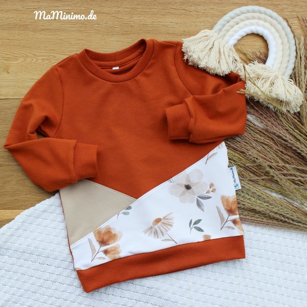 Colorblock-Sweater „Blumen/rost“ - Größe 86/92